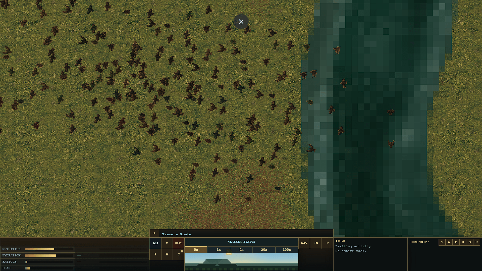 Agents moving near a river on the terrain map.