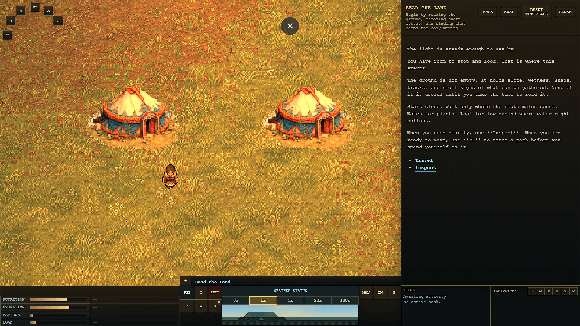Two tents on open ground with an encounter panel open.