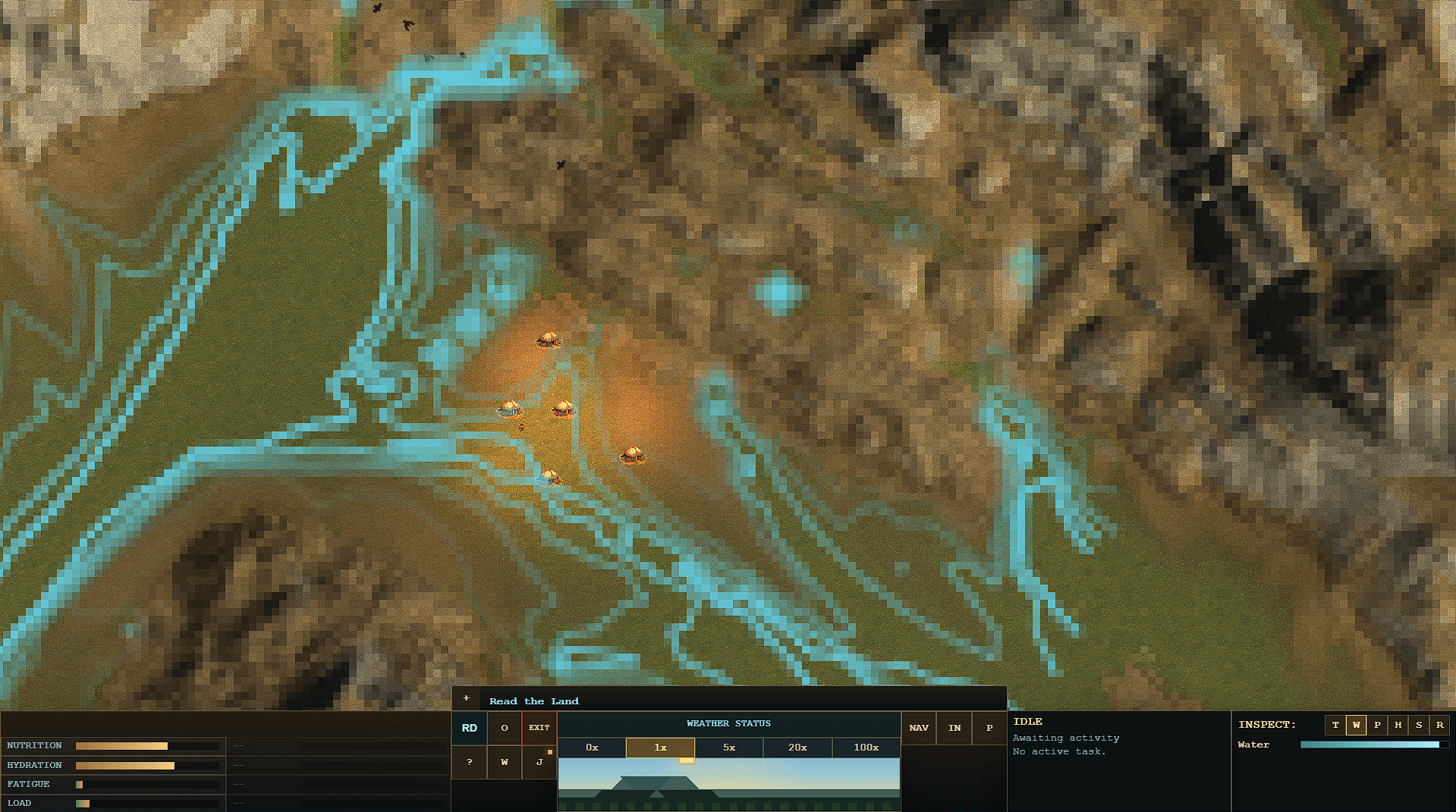 Terrain with bright water-sign overlays following low ground.